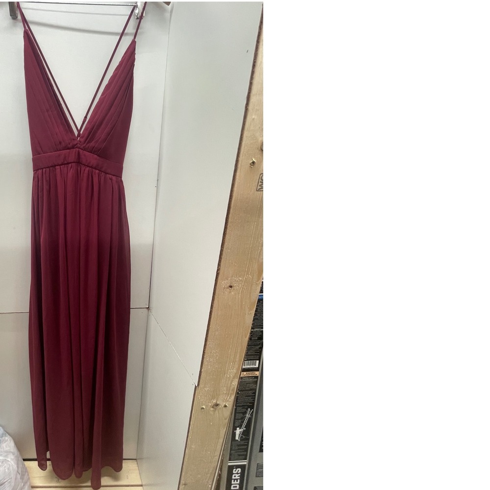 Maniju Burgundy V-Neck Pleated Maxi Dress Crisscross Back Formal Gown Large
